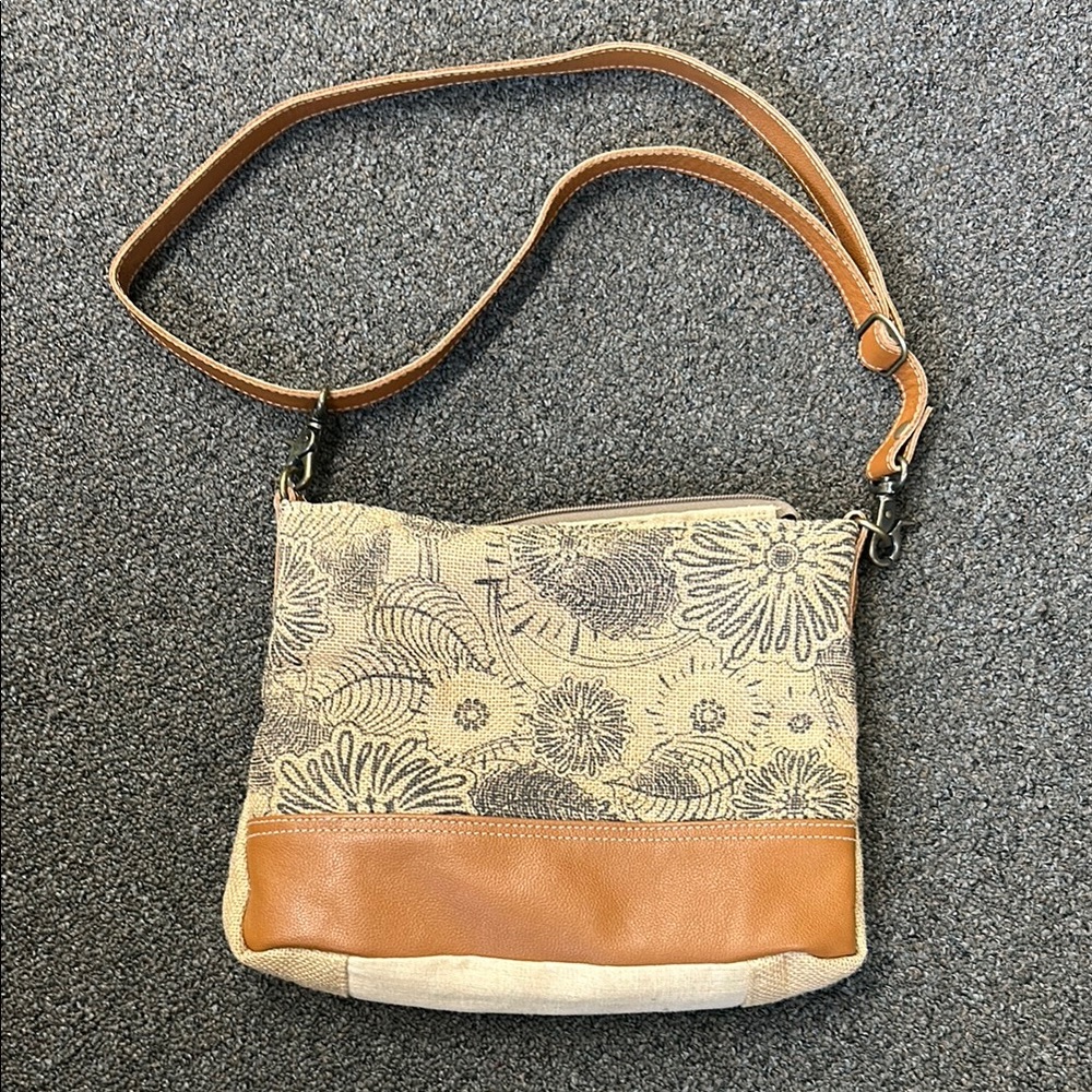 Myra Bag Tan and Brown Crossbody Bag with Floral Print and Adjustable Strap